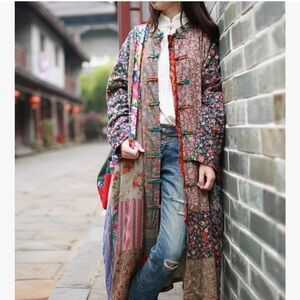 NWOT Floral Print Trench Coat - Chinese Style Patchwork - Women’s L/XL